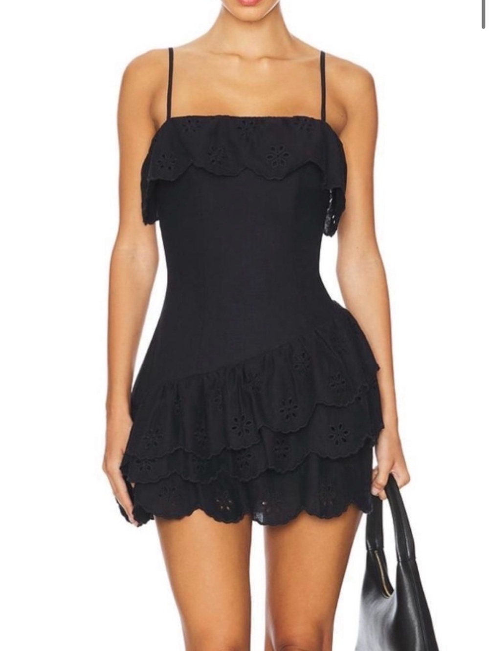 Tularosa Black Eyelet Ruffle Mini Dress with Spaghetti Straps